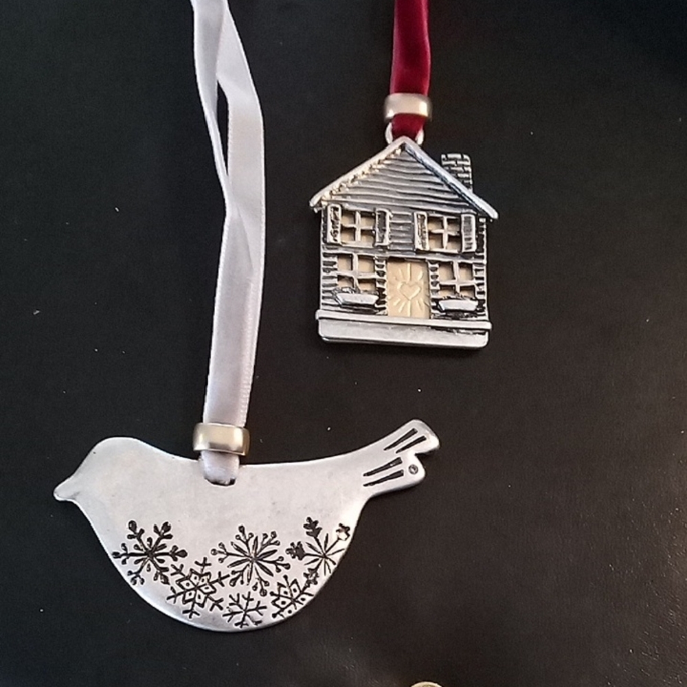 2 J. Jill Silver Bird and House Ornaments with White and Red Ribbons